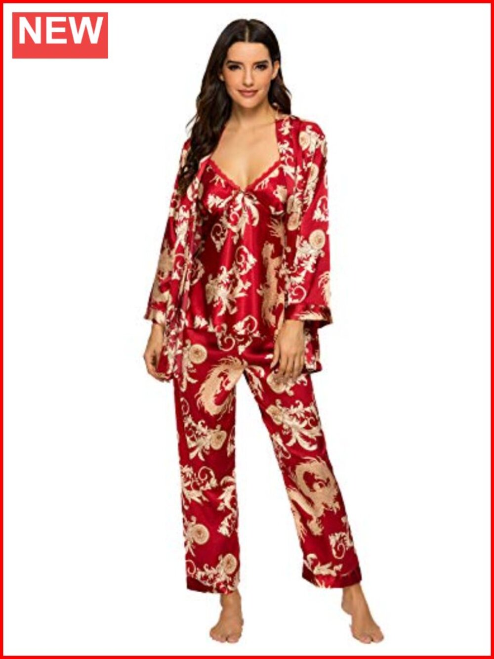 Women's Floral Silk Satin 3 Piece Pajama Set Cami Robe Belt Pants Sleepwear